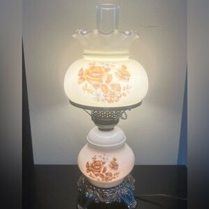 LIKE NEW RICK BAR SALES MILK GLASS TWO-LIGHT HURRICANE LAMP WITH PAINTED FLOWERS